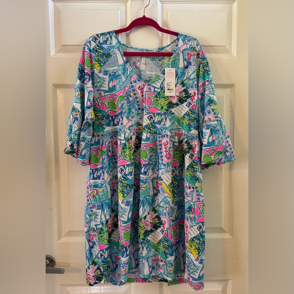 Lilly Pulitzer JANNIE V-NECK 3/4 SLEEVE DRESS - MULTI WISH YOU WERE HERE SIZE L